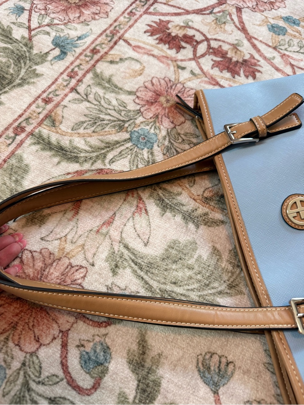 Light Blue and Tan Shoulder Tote with Circle Logo Accent - Picture 5 of 11